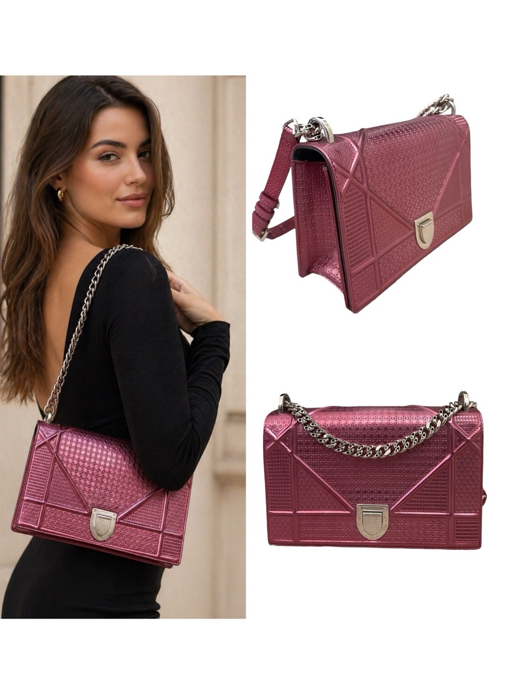 Christian Dior Diorama Rose Metallic Embossed Leather Crossbody Bag